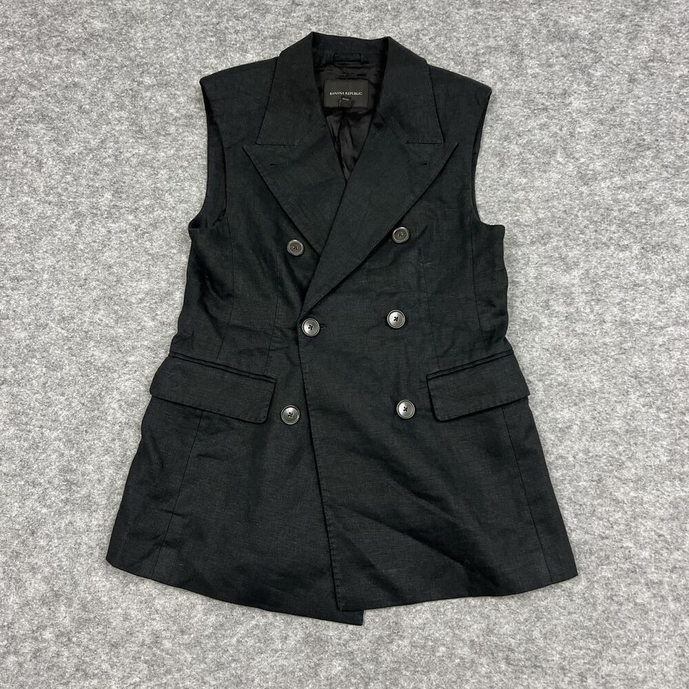 Banana Republic Suit Vest Womens Petite 2 Black Linen Blend Lined Office Preppy